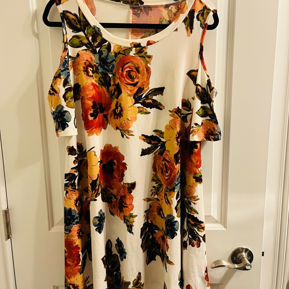 JODIFL White Cold-Shoulder Floral Top with Orange & Yellow Roses